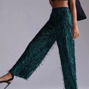 Anthropologie x Maeve Fringed Wicked Green Sequin Wide Leg Pants Size 4